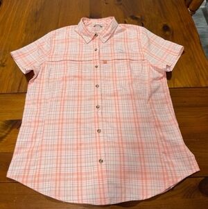 L.L. Bean Womens Pink Cream Plaid UPF Short Sleeve Button Up Shirt Size Small